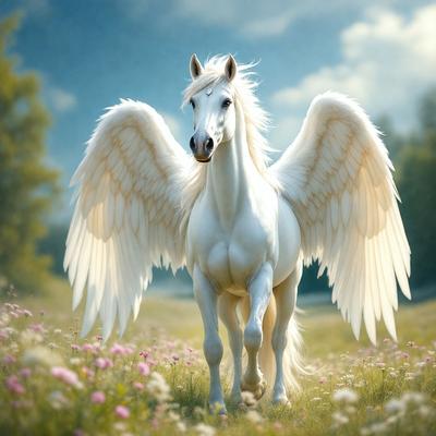 Primary subject: A white horse with white wings and a white mane.

Setting/background: A field of flowers, with a cloudy sky in the background.

Visual style: Digital art.

Colors and mood: The horse is predominantly white, and the flowers are predominantly pink. The overall atmosphere is serene and peaceful.
